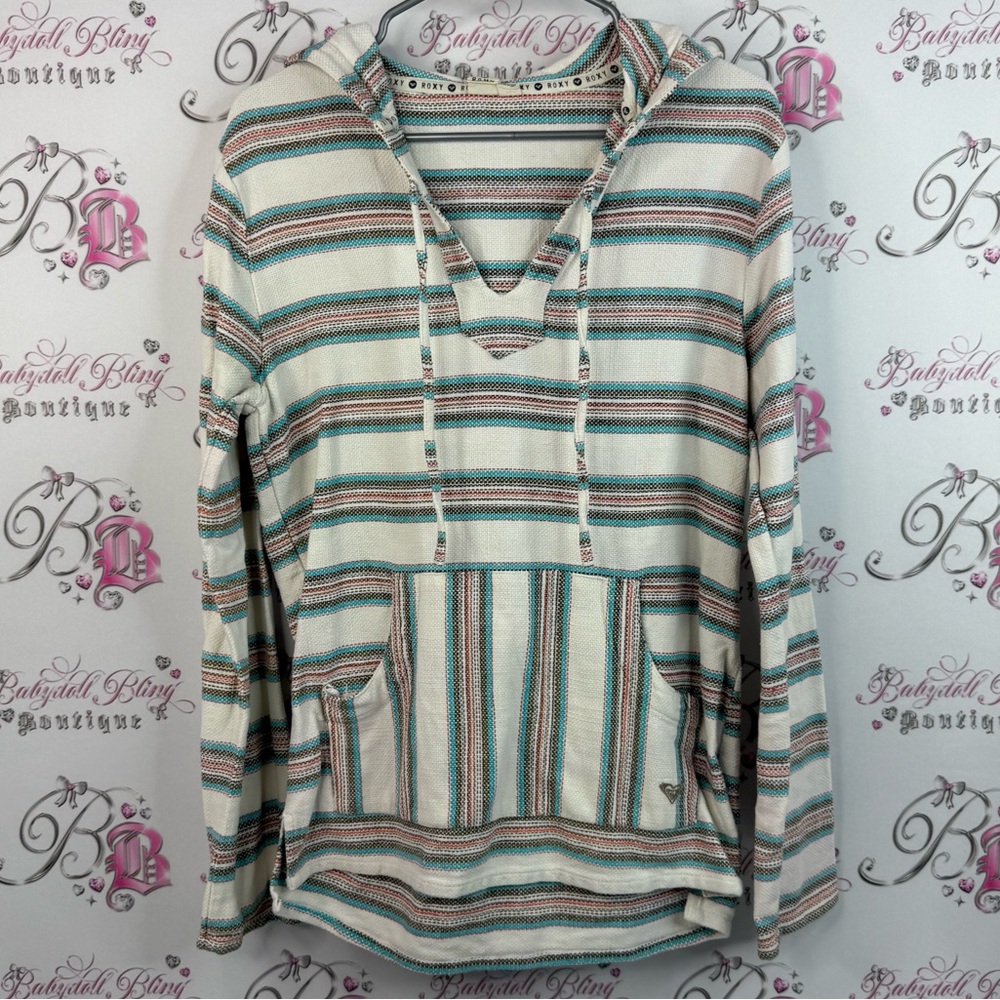Roxy hoodie sweater pull over blue cream Striped Hoodie with Front Pocket